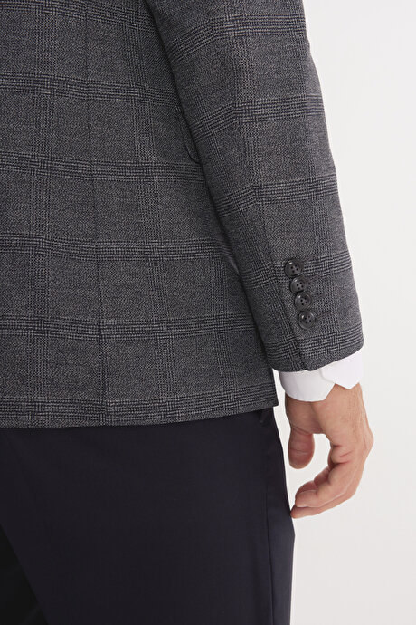 Slim Fit Dar Kesim Mono Yaka Kareli Kapak Cepli Yelekli Koyu Lacivert-Beyaz Yelekli Takım Elbise resmi