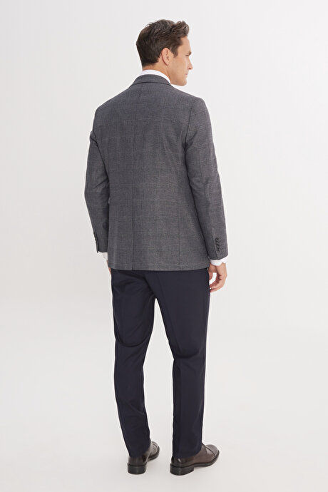 Slim Fit Dar Kesim Mono Yaka Kareli Kapak Cepli Yelekli Koyu Lacivert-Beyaz Yelekli Takım Elbise resmi