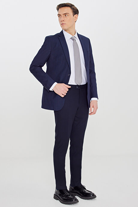 Slim Fit Mono Yaka Desenli Çift Pantolonlu Lacivert-Mavi Takım Elbise resmi