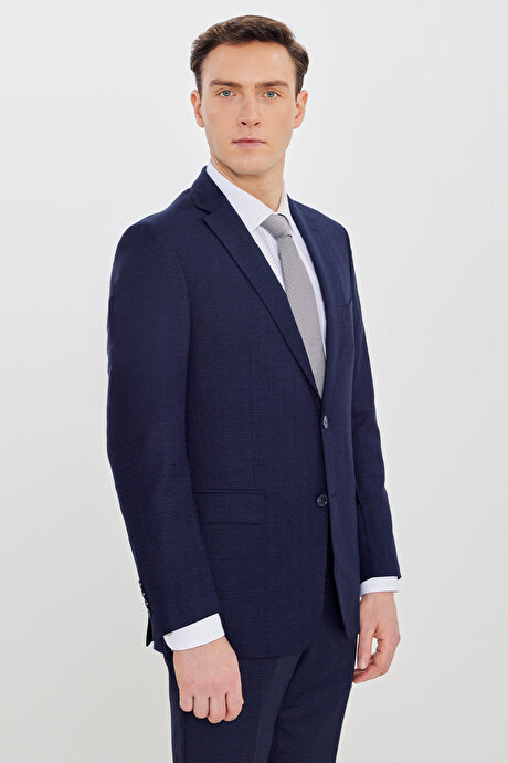 Slim Fit Mono Yaka Desenli Çift Pantolonlu Lacivert-Mavi Takım Elbise resmi