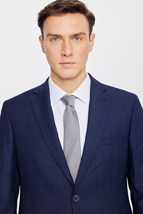 Slim Fit Mono Yaka Desenli Çift Pantolonlu Lacivert-Mavi Takım Elbise resmi