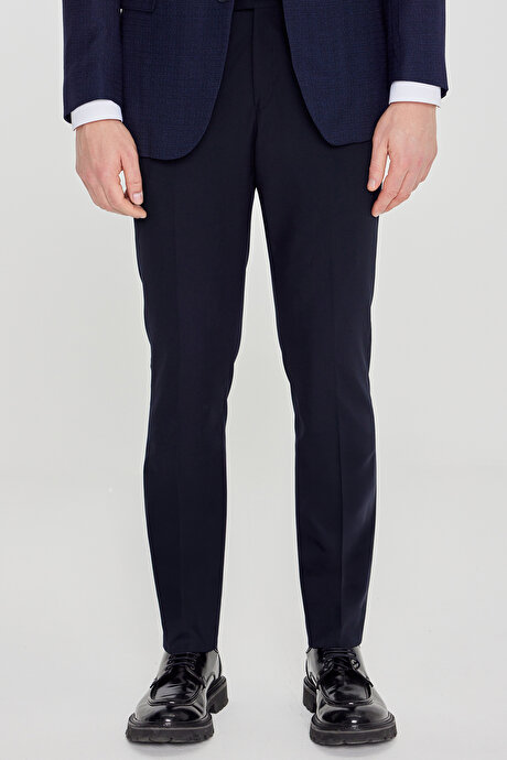 Slim Fit Mono Yaka Desenli Çift Pantolonlu Lacivert-Mavi Takım Elbise resmi