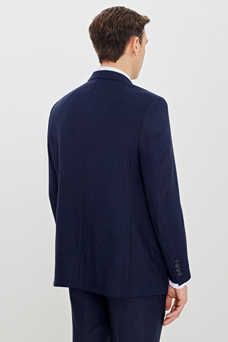 Slim Fit Mono Yaka Desenli Çift Pantolonlu Lacivert-Mavi Takım Elbise resmi