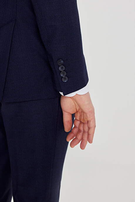 Slim Fit Mono Yaka Desenli Çift Pantolonlu Lacivert-Mavi Takım Elbise resmi