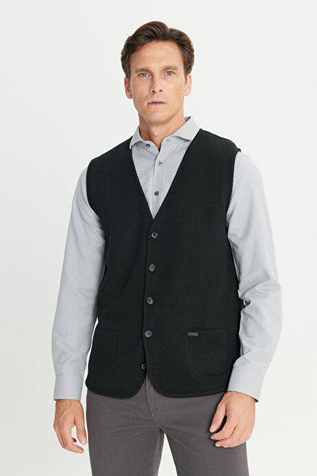 Sıcak Tutan Yün Standart Fit Normal Kesim V Yaka Cepli Triko Siyah Triko Yelek resmi