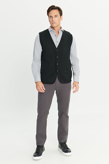 Sıcak Tutan Yün Standart Fit Normal Kesim V Yaka Cepli Triko Siyah Triko Yelek resmi