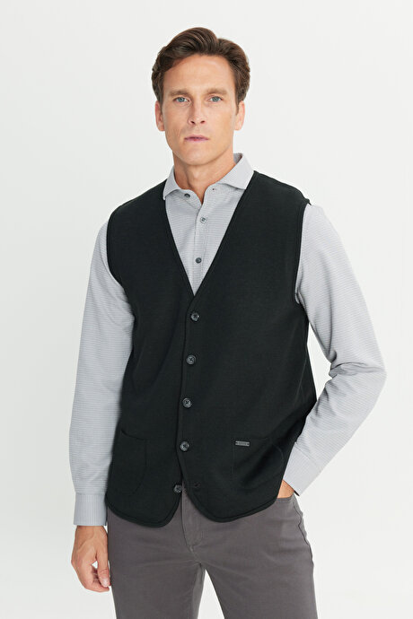 Sıcak Tutan Yün Standart Fit Normal Kesim V Yaka Cepli Triko Siyah Triko Yelek resmi