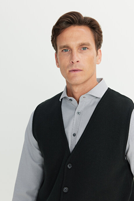 Sıcak Tutan Yün Standart Fit Normal Kesim V Yaka Cepli Triko Siyah Triko Yelek resmi