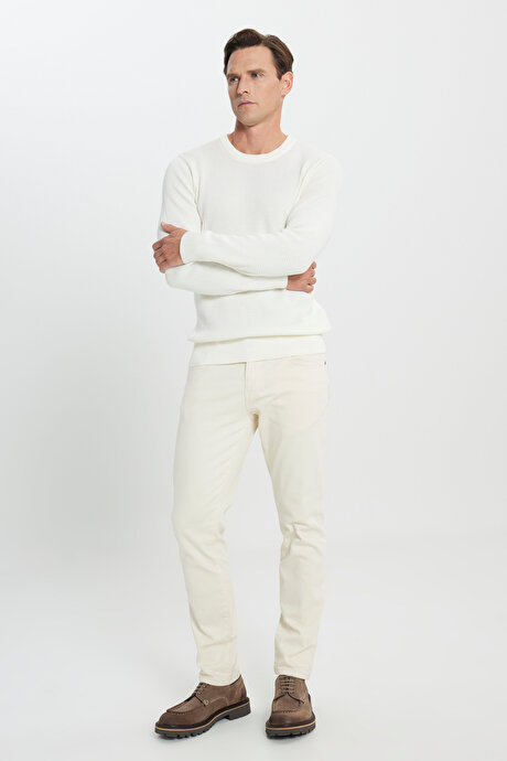 Pamuklu Standart Fit Normal Kesim Bisiklet Yaka Petek Dokulu Triko Ekru Kazak resmi