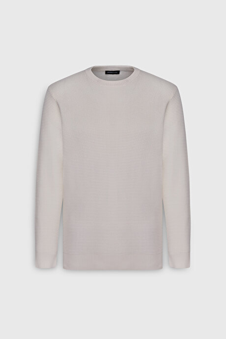 Pamuklu Standart Fit Normal Kesim Bisiklet Yaka Petek Dokulu Triko Ekru Kazak resmi