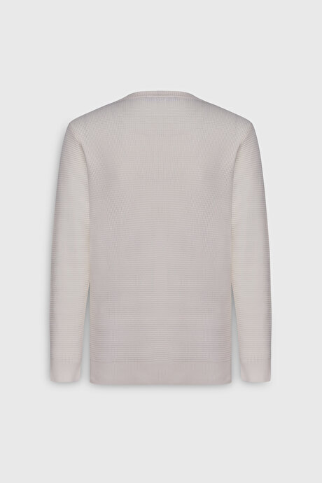 Pamuklu Standart Fit Normal Kesim Bisiklet Yaka Petek Dokulu Triko Ekru Kazak resmi