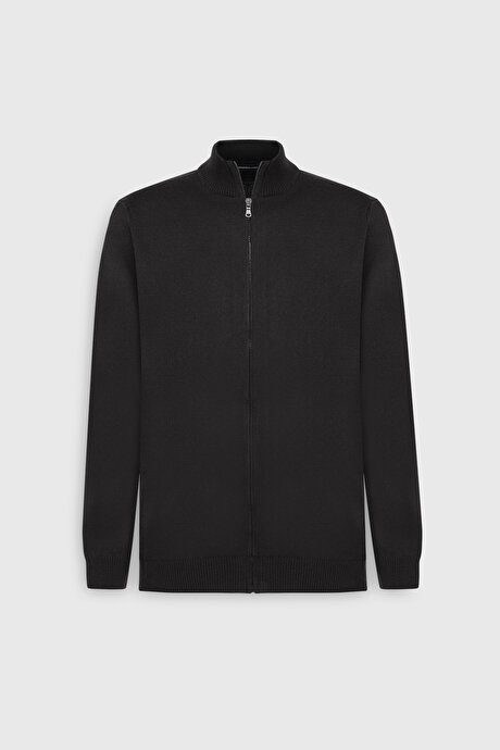 Anti-Pilling Tüylenme Yapmayan Standart Fit Normal Kesim Dik Yaka Triko Siyah Triko Hırka resmi