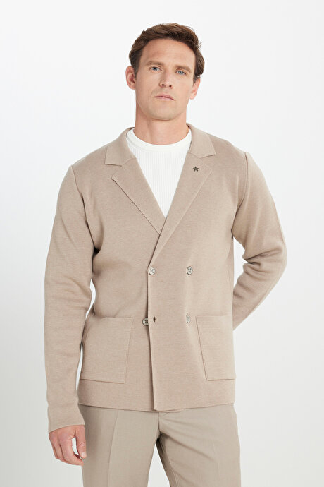 Pamuklu Standart Fit Normal Kesim Kruvaze Yaka Cepli Triko Vizon Triko Ceket resmi