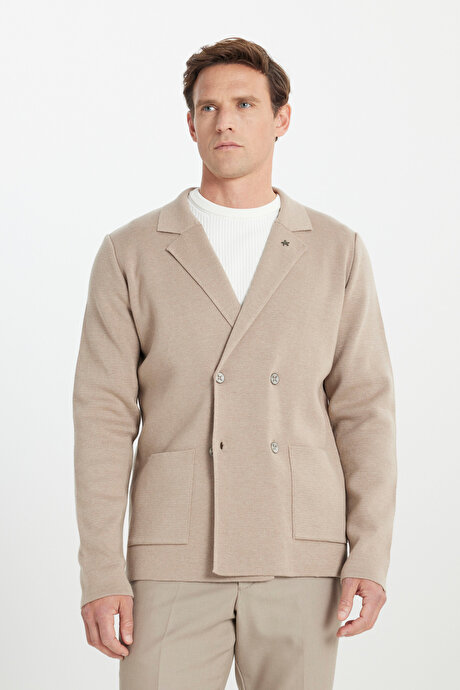 Pamuklu Standart Fit Normal Kesim Kruvaze Yaka Cepli Triko Vizon Triko Ceket resmi