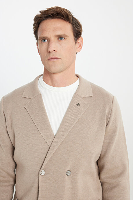 Pamuklu Standart Fit Normal Kesim Kruvaze Yaka Cepli Triko Vizon Triko Ceket resmi