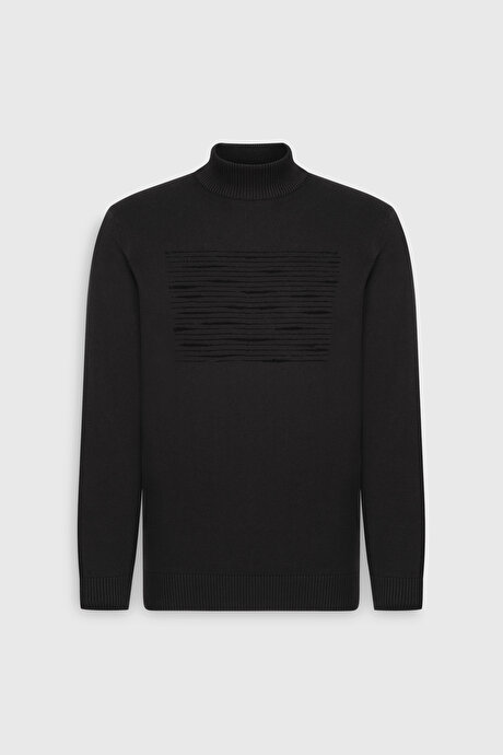 %100 Pamuk Standart Fit Normal Kesim Yarım Balıkçı Yaka Baskılı Triko Siyah Kazak resmi