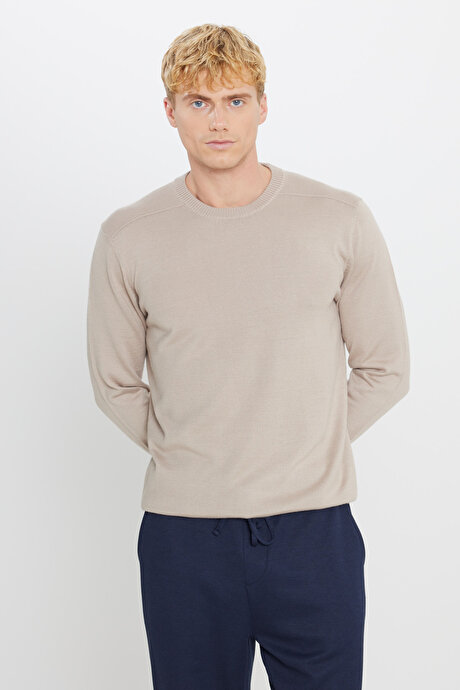 Yünlü Sıcak Tutan Standart Fit Bisiklet Yaka Triko Bej Melanj Kazak resmi