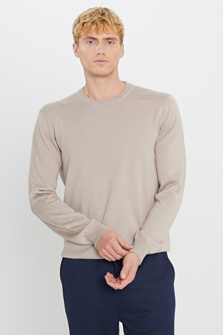 Yünlü Sıcak Tutan Standart Fit Bisiklet Yaka Triko Bej Melanj Kazak resmi