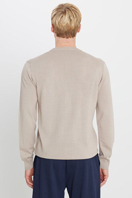 Yünlü Sıcak Tutan Standart Fit Bisiklet Yaka Triko Bej Melanj Kazak resmi