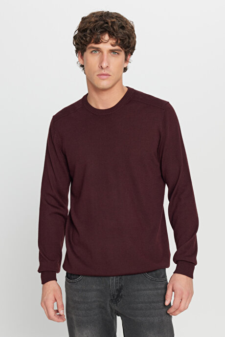 Yünlü Sıcak Tutan Standart Fit Bisiklet Yaka Triko Bordo Kazak resmi