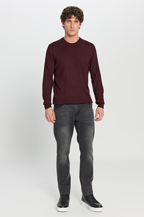 Yünlü Sıcak Tutan Standart Fit Bisiklet Yaka Triko Bordo Kazak resmi