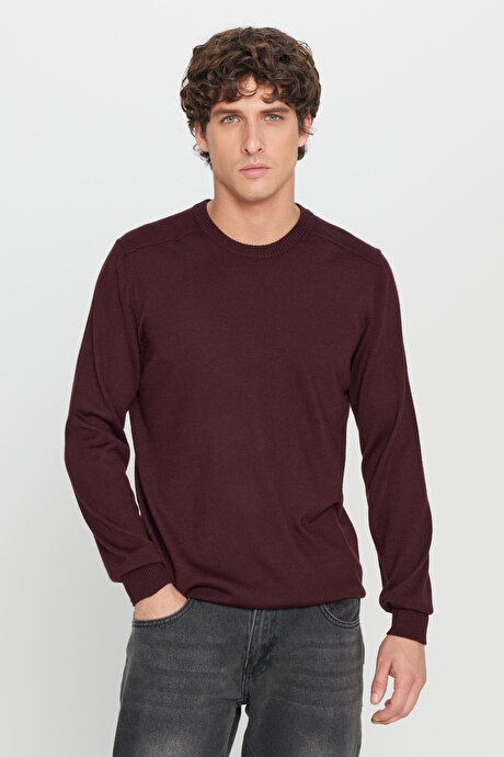 Yünlü Sıcak Tutan Standart Fit Bisiklet Yaka Triko Bordo Kazak resmi