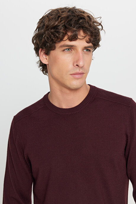 Yünlü Sıcak Tutan Standart Fit Bisiklet Yaka Triko Bordo Kazak resmi