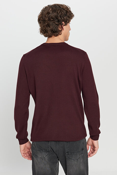 Yünlü Sıcak Tutan Standart Fit Bisiklet Yaka Triko Bordo Kazak resmi