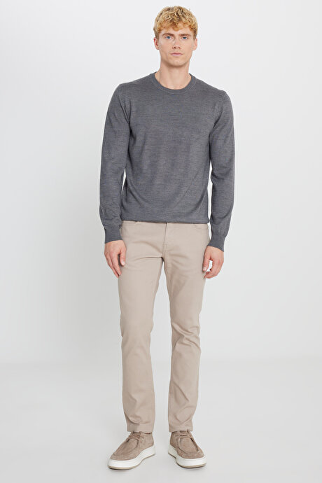 Yünlü Sıcak Tutan Standart Fit Bisiklet Yaka Triko Gri Melanj Kazak resmi