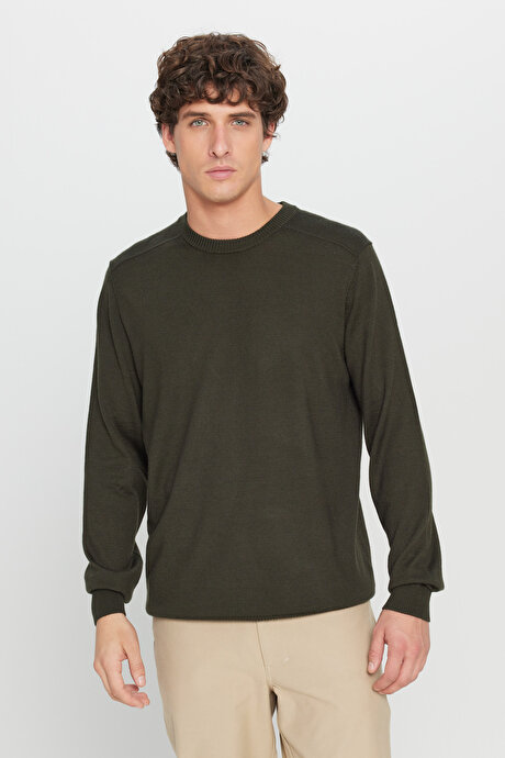 Yünlü Sıcak Tutan Standart Fit Bisiklet Yaka Triko Haki Kazak resmi