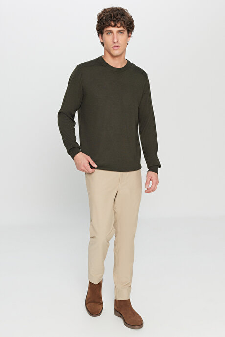 Yünlü Sıcak Tutan Standart Fit Bisiklet Yaka Triko Haki Kazak resmi