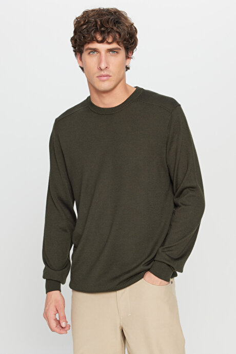 Yünlü Sıcak Tutan Standart Fit Bisiklet Yaka Triko Haki Kazak resmi