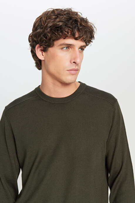 Yünlü Sıcak Tutan Standart Fit Bisiklet Yaka Triko Haki Kazak resmi