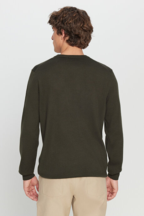 Yünlü Sıcak Tutan Standart Fit Bisiklet Yaka Triko Haki Kazak resmi