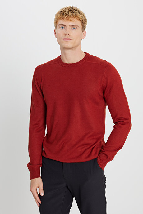 Yünlü Sıcak Tutan Standart Fit Bisiklet Yaka Triko Kiremit Kazak resmi