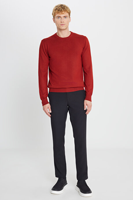 Yünlü Sıcak Tutan Standart Fit Bisiklet Yaka Triko Kiremit Kazak resmi