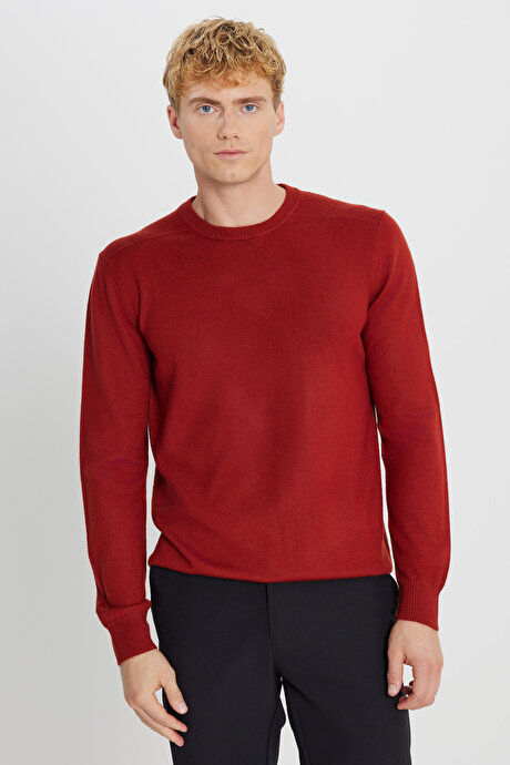 Yünlü Sıcak Tutan Standart Fit Bisiklet Yaka Triko Kiremit Kazak resmi