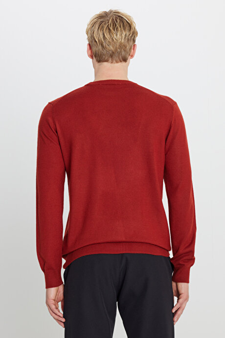 Yünlü Sıcak Tutan Standart Fit Bisiklet Yaka Triko Kiremit Kazak resmi