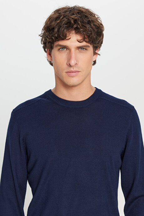 Yünlü Sıcak Tutan Standart Fit Normal Kesim Bisiklet Yaka Triko Lacivert Kazak resmi