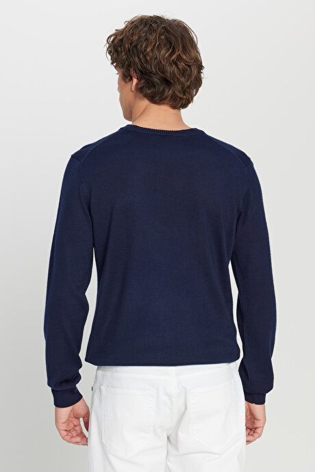 Yünlü Sıcak Tutan Standart Fit Normal Kesim Bisiklet Yaka Triko Lacivert Kazak resmi