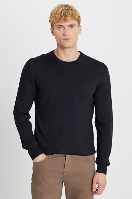 Yünlü Sıcak Tutan Standart Fit Bisiklet Yaka Triko Siyah Kazak resmi