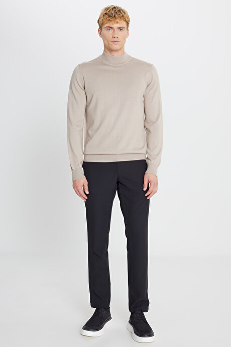 Yünlü Standart Fit Normal Kesim Yarım Balıkçı Yaka Triko Bej Melanj Kazak resmi