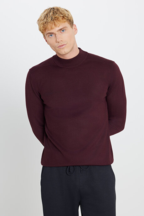 Yünlü Standart Fit Normal Kesim Yarım Balıkçı Yaka Triko Bordo Kazak resmi