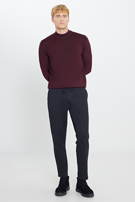 Yünlü Standart Fit Normal Kesim Yarım Balıkçı Yaka Triko Bordo Kazak resmi