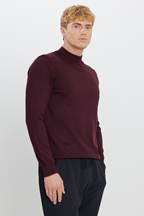 Yünlü Standart Fit Normal Kesim Yarım Balıkçı Yaka Triko Bordo Kazak resmi