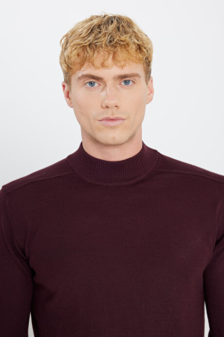 Yünlü Standart Fit Normal Kesim Yarım Balıkçı Yaka Triko Bordo Kazak resmi