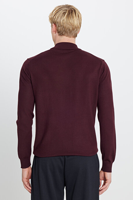 Yünlü Standart Fit Normal Kesim Yarım Balıkçı Yaka Triko Bordo Kazak resmi