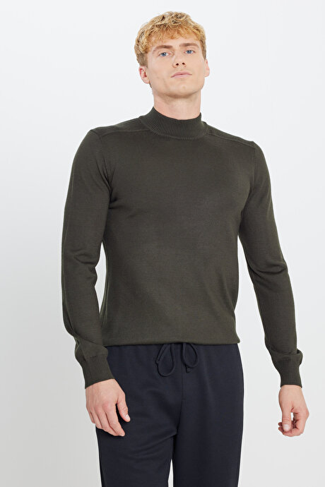 Yünlü Standart Fit Normal Kesim Yarım Balıkçı Yaka Triko Haki Kazak resmi