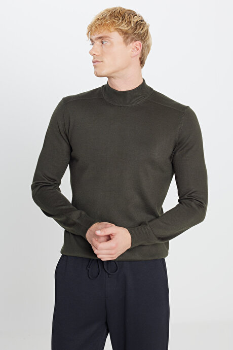 Yünlü Standart Fit Normal Kesim Yarım Balıkçı Yaka Triko Haki Kazak resmi