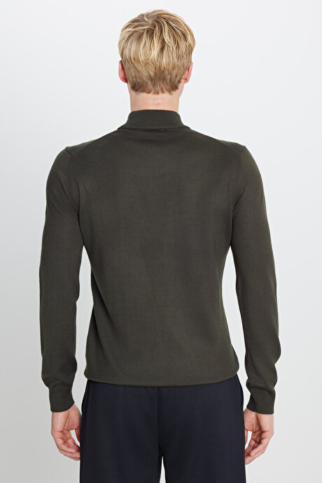 Yünlü Standart Fit Normal Kesim Yarım Balıkçı Yaka Triko Haki Kazak resmi